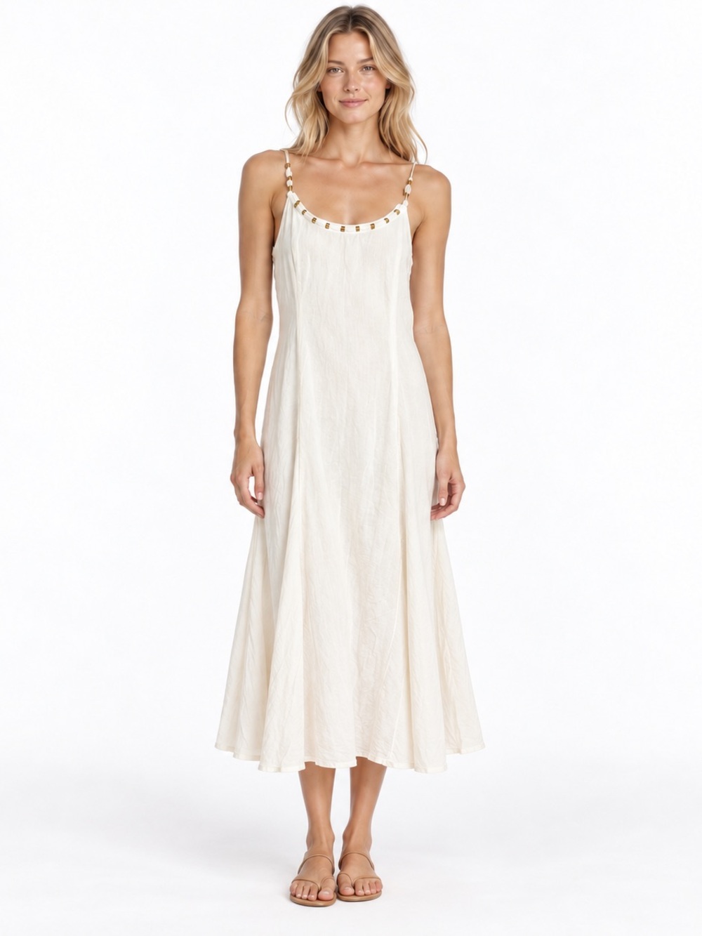 Calypso St. Barth Ivory Linen Blend Beaded Maxi Sundress Size S